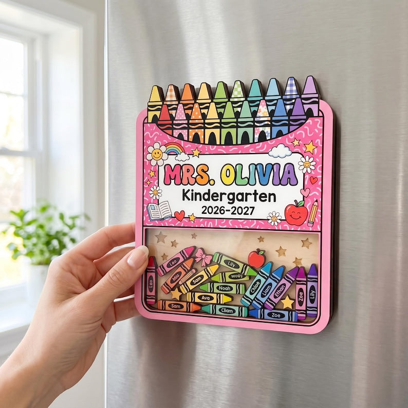 Personalized Teacher Crayon Shaker Magnet: Custom Kindergarten Teacher Gift With Student Names