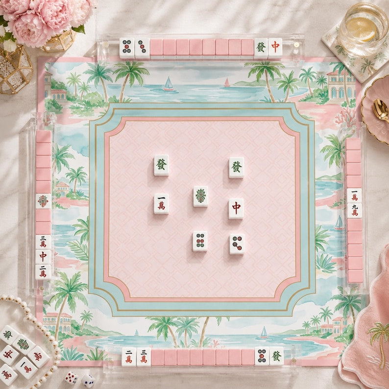 Palm Beach Coastal Mahjong Mat, Tropical Resort Game Mat, Custom Monogram Mahjong Mat