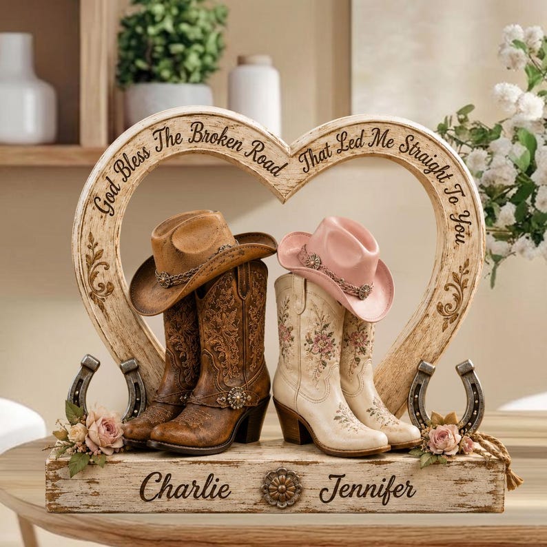 Personalized Cowboy Cowgirl Couple 2D Flat Wooden Block, Custom Western Love Sign, Cowboy Boots & Hats Anniversary Gift