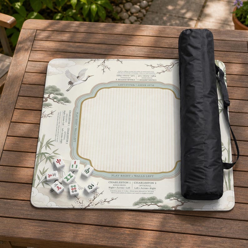 Sage Chinoiserie Mahjong Mat With Rules, American Mahjong Table Mat, Crane Bamboo Game Mat, Charleston Guide
