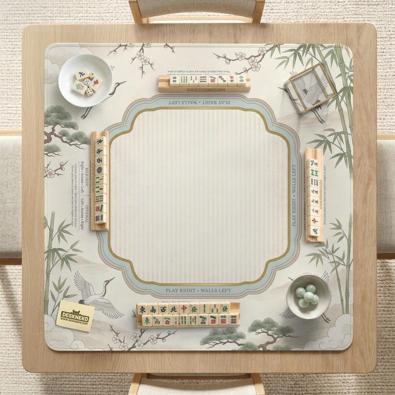 Sage Chinoiserie Mahjong Mat With Rules, American Mahjong Table Mat, Crane Bamboo Game Mat, Charleston Guide