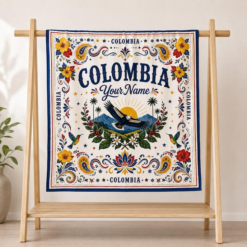 Custom Colombia Scarf, Personalized Floral Bandana, Colombia Soccer Festival, Country Travel Scarf