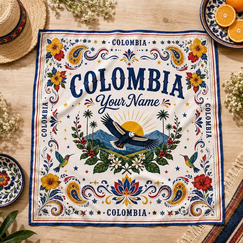 Custom Colombia Scarf, Personalized Floral Bandana, Colombia Soccer Festival, Country Travel Scarf