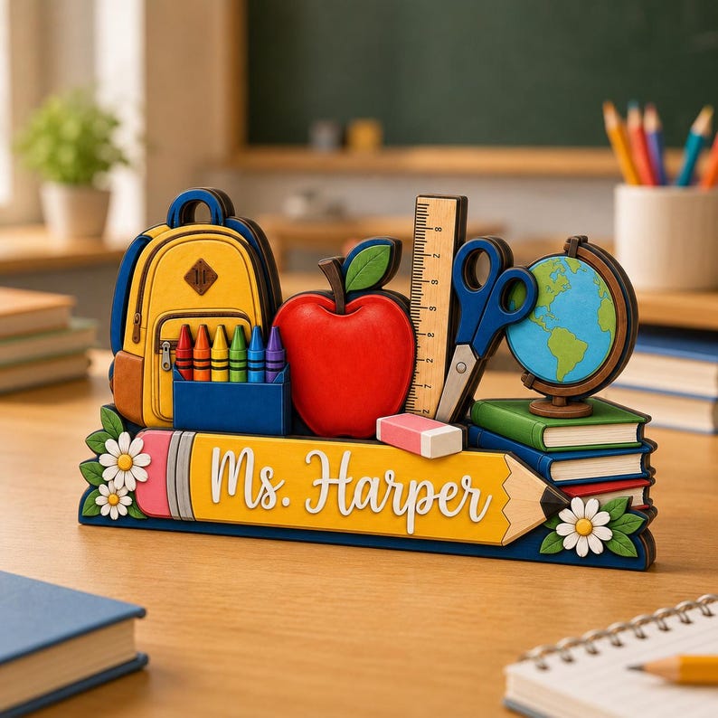 Personalized Teacher Desk Wooden Block, Custom Pencil Desk Sign, Back to School Gift