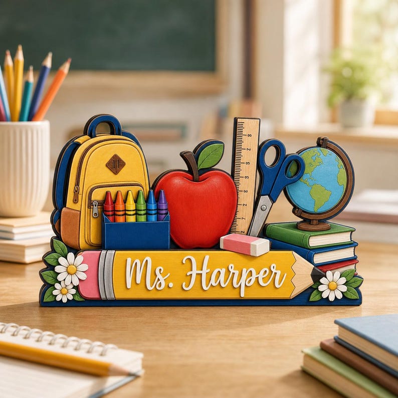 Personalized Teacher Desk Wooden Block, Custom Pencil Desk Sign, Back to School Gift