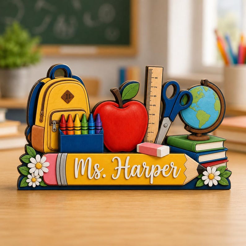 Personalized Teacher Desk Wooden Block, Custom Pencil Desk Sign, Back to School Gift