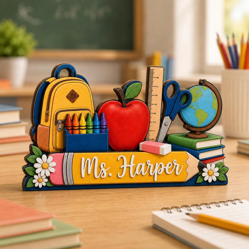 Personalized Teacher Desk Wooden Block, Custom Pencil Desk Sign, Back to School Gift