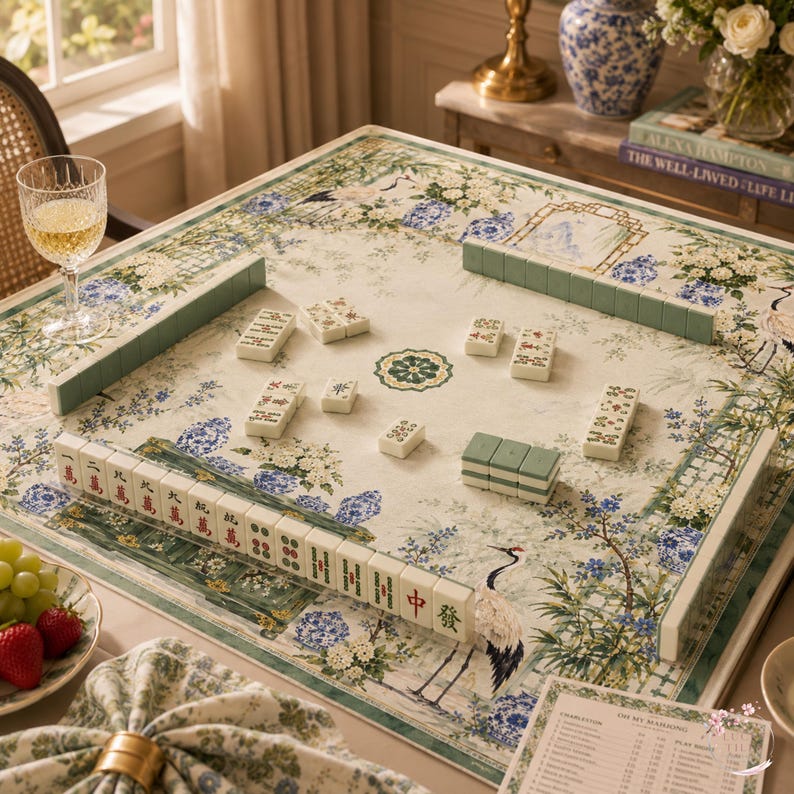 Green Chinoiserie Crane Mahjong Mat, American Mahjong Mat, Bamboo Garden Porcelain, Grandmillennial Mahjong Gift