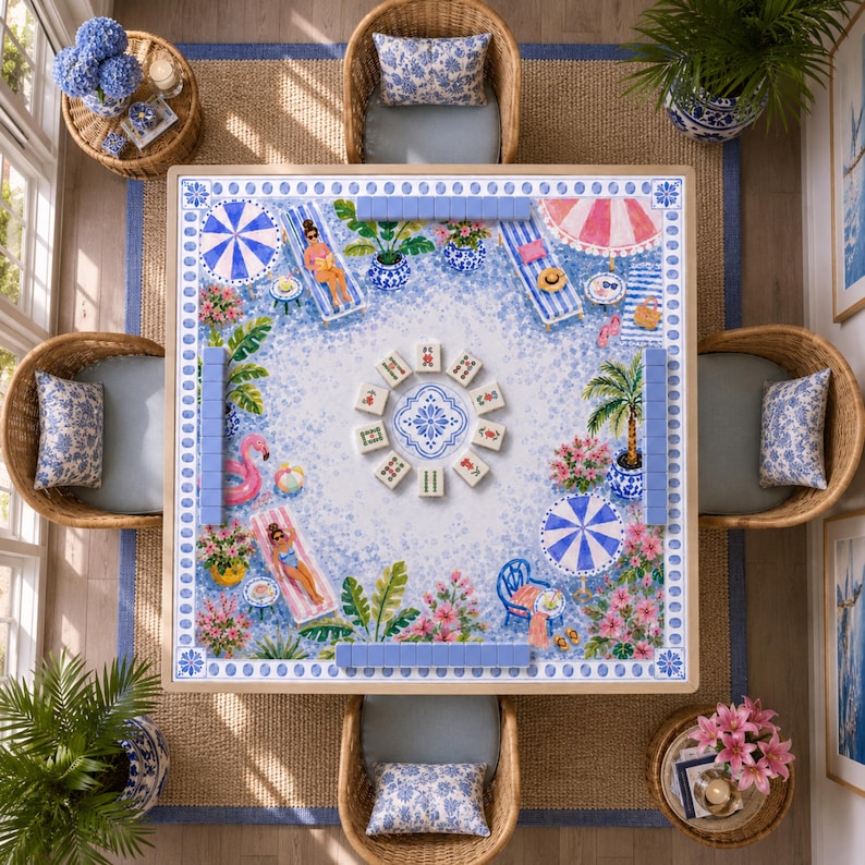 The Blue Palm Beach Poolside Mahjong Mat, American Mahjong Mat, Blue Chinoiserie Resort