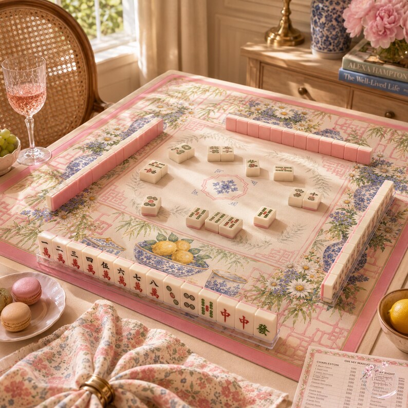 Pink Chinoiserie Daisy Mahjong Mat, American Mahjong Mat, Blue White Porcelain Bamboo Garden, Grandmillennial Mahjong Gift