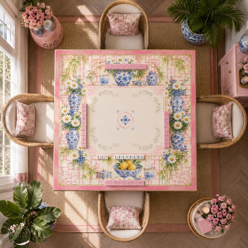 Pink Chinoiserie Daisy Mahjong Mat, American Mahjong Mat, Blue White Porcelain Bamboo Garden, Grandmillennial Mahjong Gift