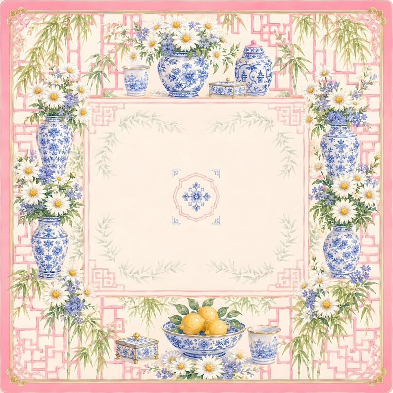 Pink Chinoiserie Daisy Mahjong Mat, American Mahjong Mat, Blue White Porcelain Bamboo Garden, Grandmillennial Mahjong Gift