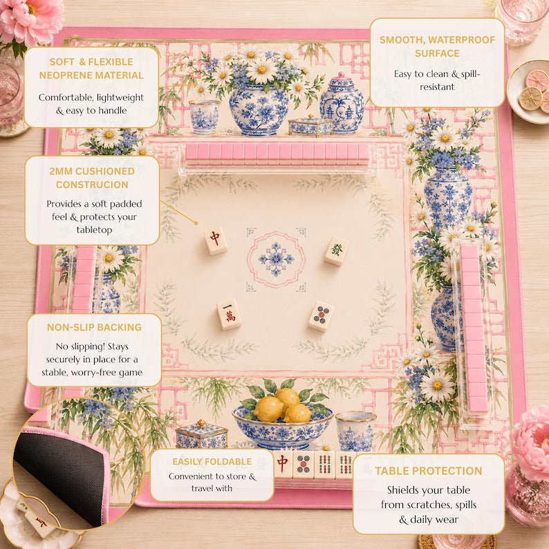 Pink Chinoiserie Daisy Mahjong Mat, American Mahjong Mat, Blue White Porcelain Bamboo Garden, Grandmillennial Mahjong Gift