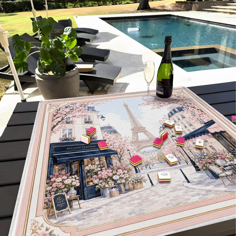 Parisian Mahjong Mat, Eiffel Tower Floral Game Table Accessory, Custom French Design