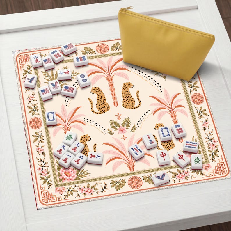Pink Leopard Mahjong Mat, Palm Beach Chinoiserie Game Table Runner
