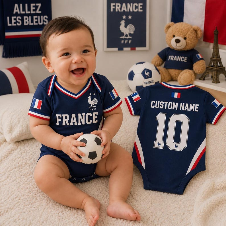 Personalized France Baby Bodysuit, Custom Name Soccer Baby Outfit