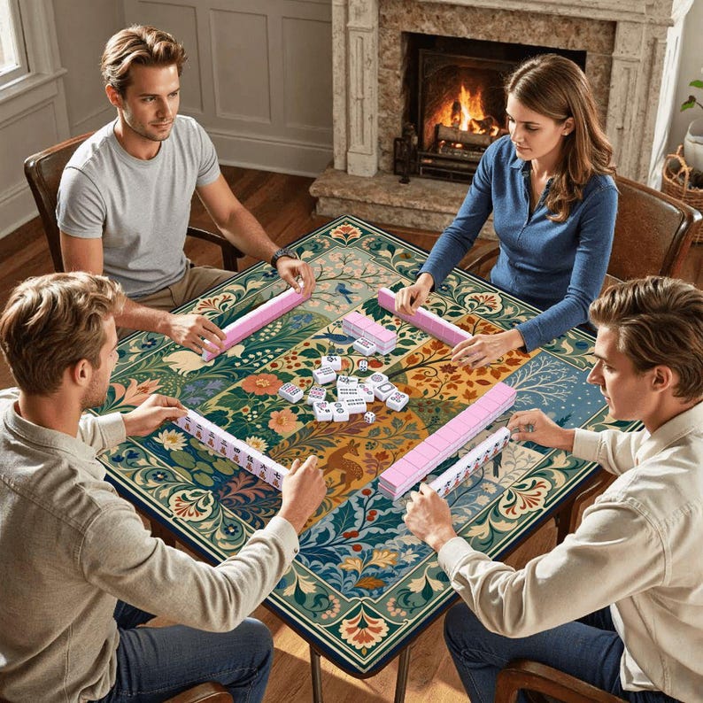 William Morris Inspired Seasons Mahjong Mat, Non-Slip Noise Reducing Table Cover, Botanical Floral Game Table Mat