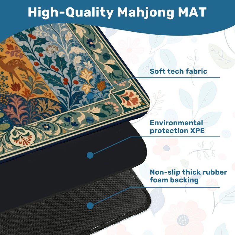William Morris Inspired Seasons Mahjong Mat, Non-Slip Noise Reducing Table Cover, Botanical Floral Game Table Mat