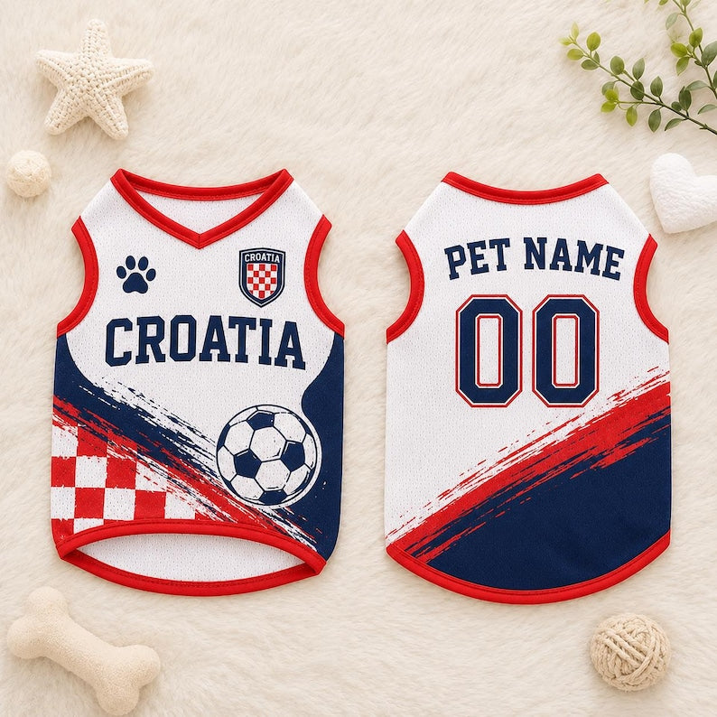 Personalized Croatia Print Mesh Pet Jersey, Custom Name Number Football Jersey for Dog Cat