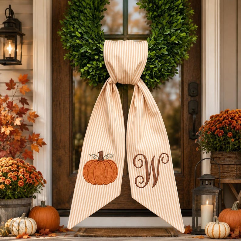 Personalized Pumpkin Wreath Sash, Fall Monogram Door Bow, Embroidered Autumn Wreath Ribbon