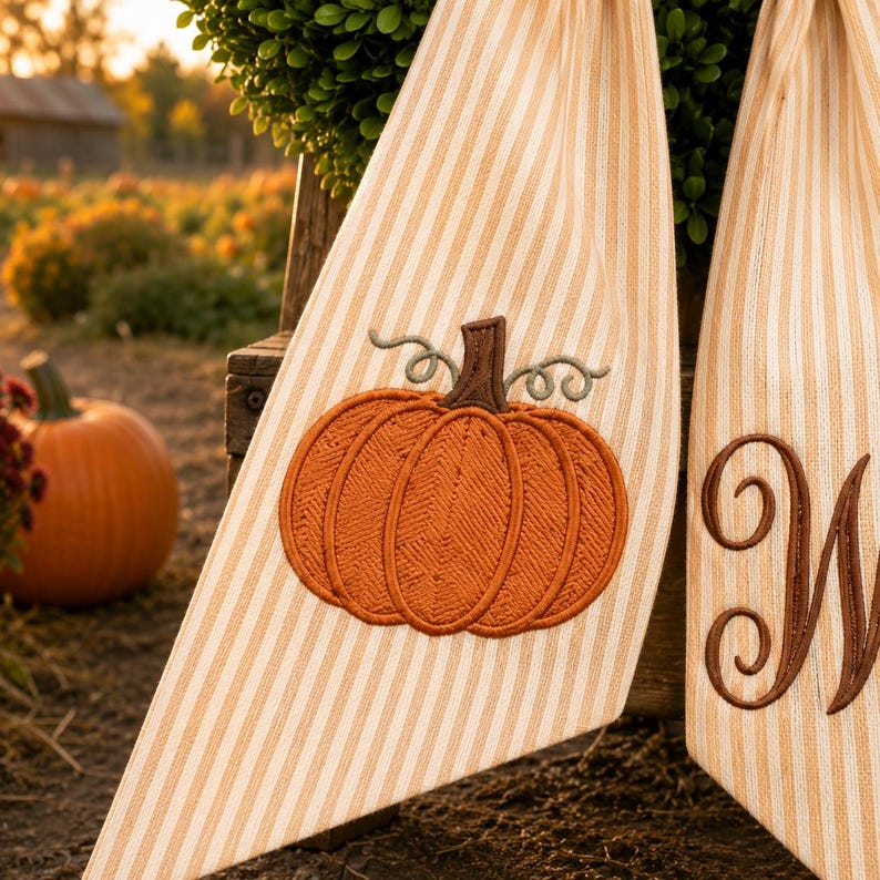 Personalized Pumpkin Wreath Sash, Fall Monogram Door Bow, Embroidered Autumn Wreath Ribbon