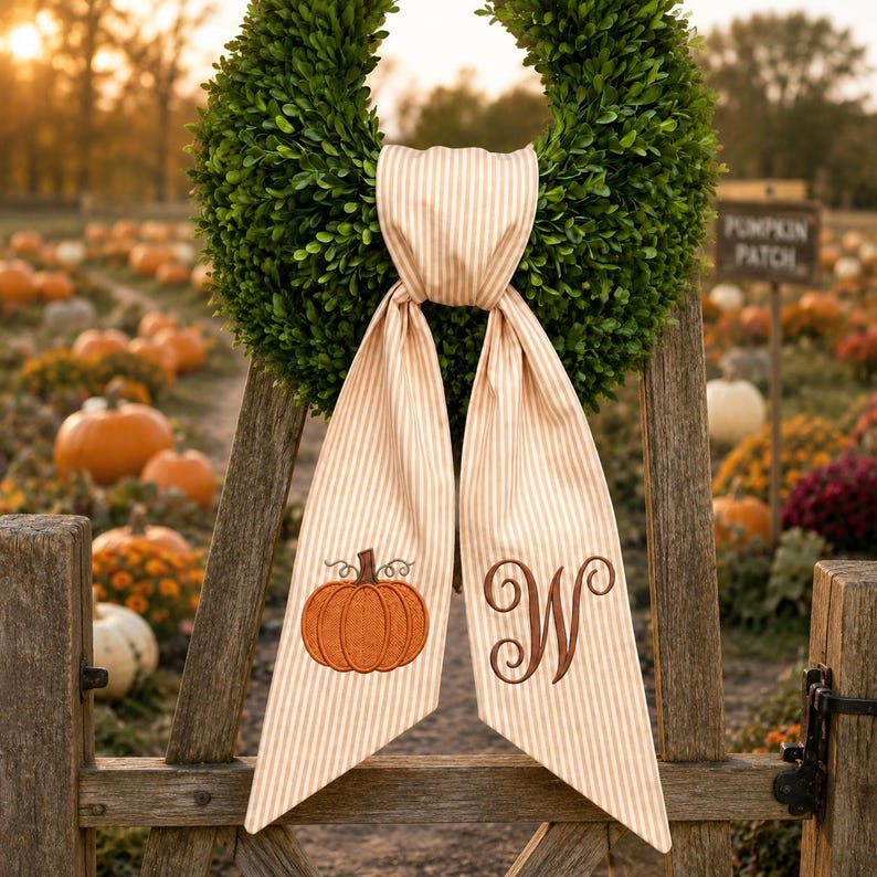 Personalized Pumpkin Wreath Sash, Fall Monogram Door Bow, Embroidered Autumn Wreath Ribbon
