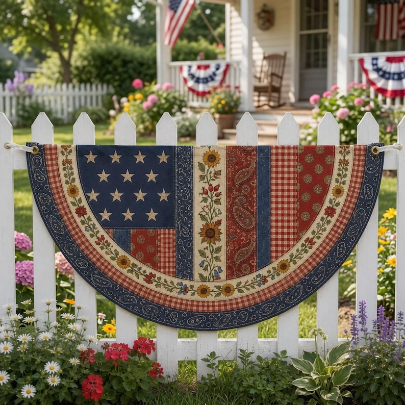 Patriotic Faux Patchwork Semicircle Fence Flag, Americana Quilt Style Outdoor Printing Banner