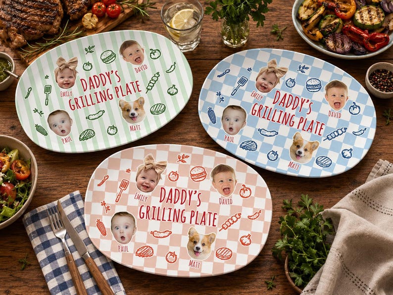 Personalized Pet & Kids Photo Dads Grilling Plate, Baby Face Photo Platter, BBQ Dad Gift