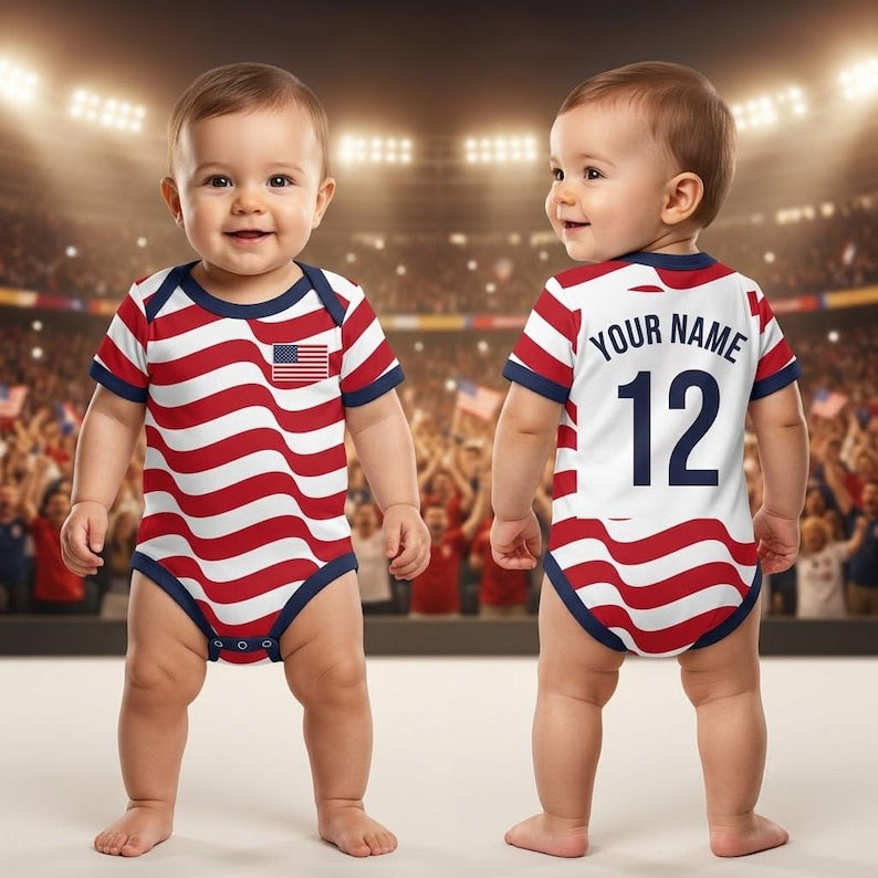 Personalized USA Flag Baby Bodysuit Custom Name & Number Gift