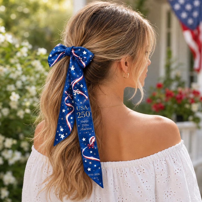 USA 250th Anniversary Silk Satin Hair Scarf, Semi-Quincentennial Eagle & Paisley Twilly,
