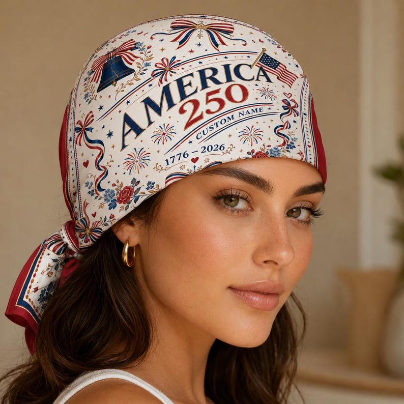 Personalized Name Bandana, Patriotic 1776 2026 Flag Bow Pattern Scarf, Soft Headwear for July 4 Vacation Accessory