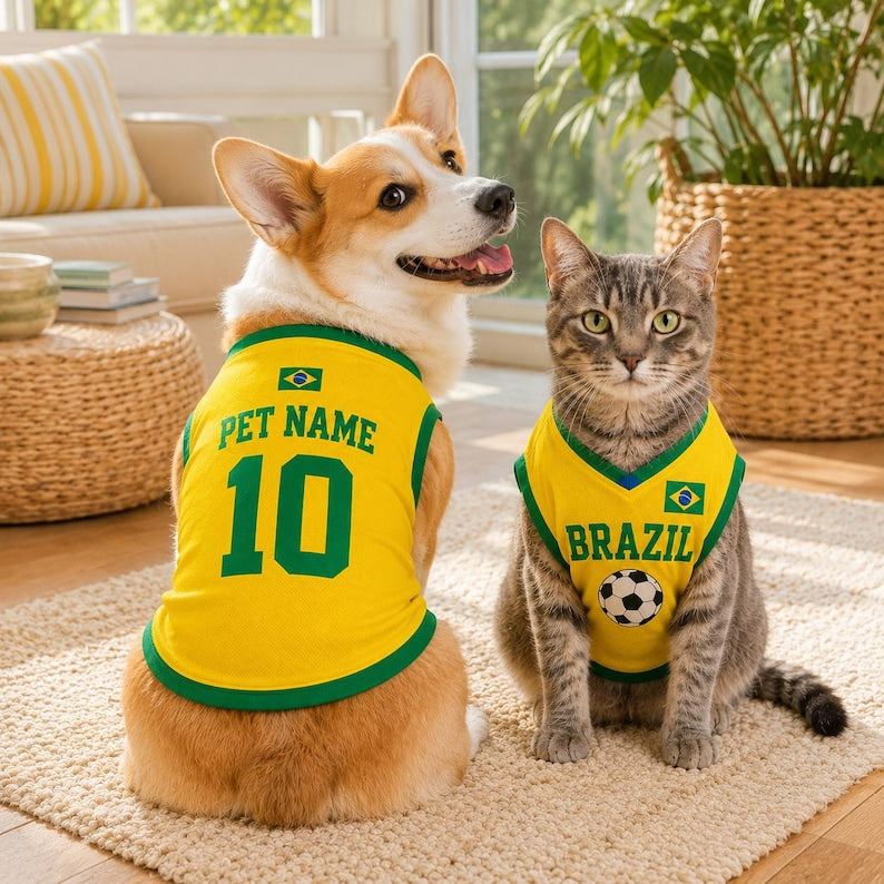 Personalized Brazil Dog Jersey, Custom Cat Football Shirt with Name Number