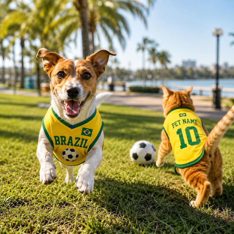 Personalized Brazil Dog Jersey, Custom Cat Football Shirt with Name Number