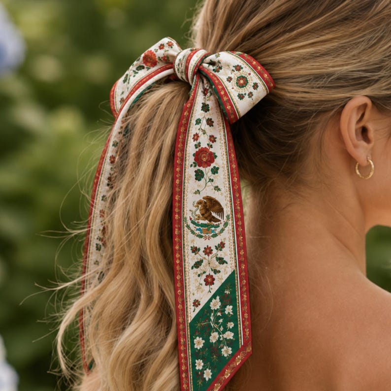Mexico Satin Hair Scarf, Mexico Twilly, Mexico Headband, Mexican Flag Hair Scarf