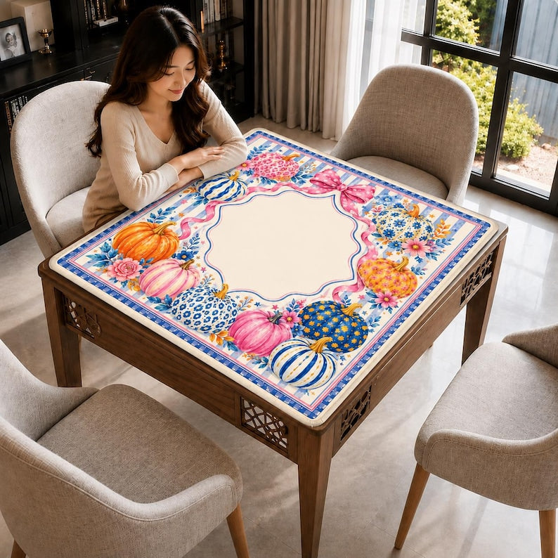 Pumpkin Blossom Mahjong Mat, Pink and Blue Pumpkin Mahjong Mat, Coquette Fall Mahjong Mat
