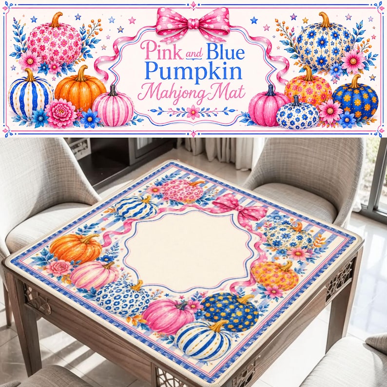 Pumpkin Blossom Mahjong Mat, Pink and Blue Pumpkin Mahjong Mat, Coquette Fall Mahjong Mat