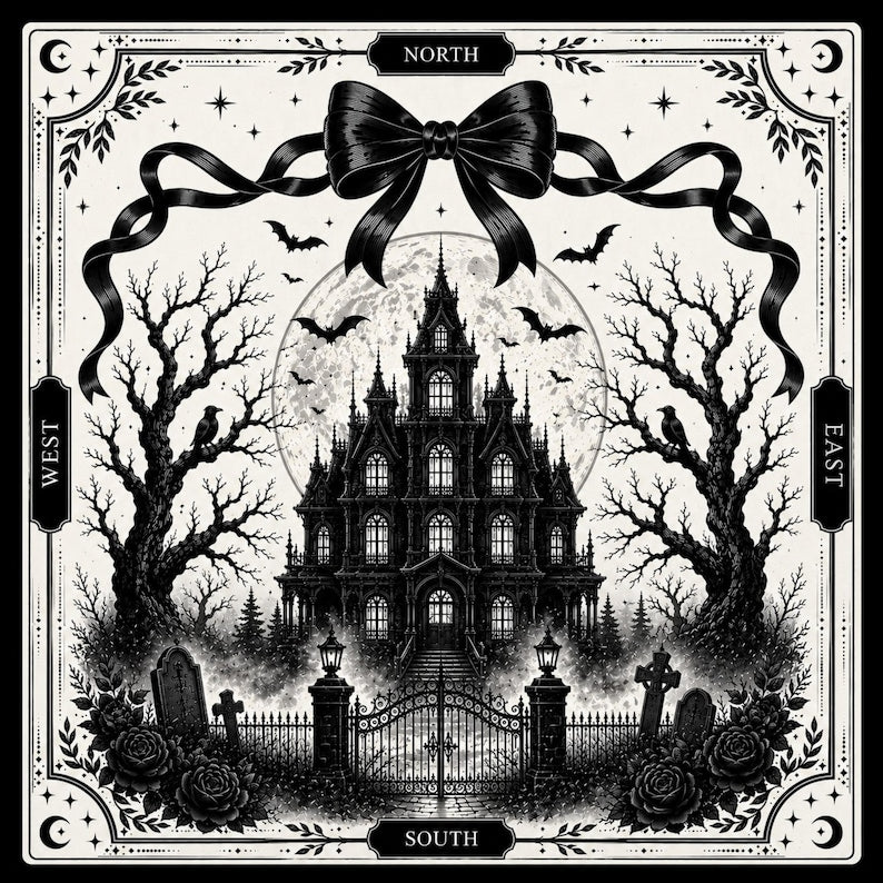Gothic Manor Mahjong Mat, Haunted House Mahjong Mat, Halloween Mahjong Mat, Black and White Gothic Mahjong Mat