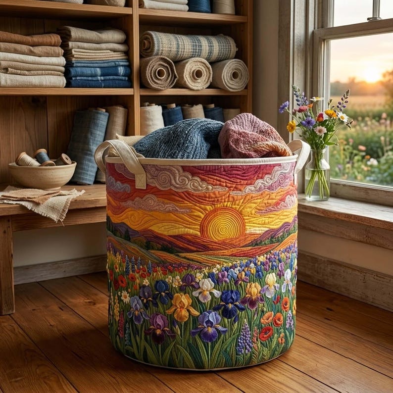 Wild Flower Field Quilted Laundry Basket, Colorful Botanical Hamper, Meadow Floral Storage Bin