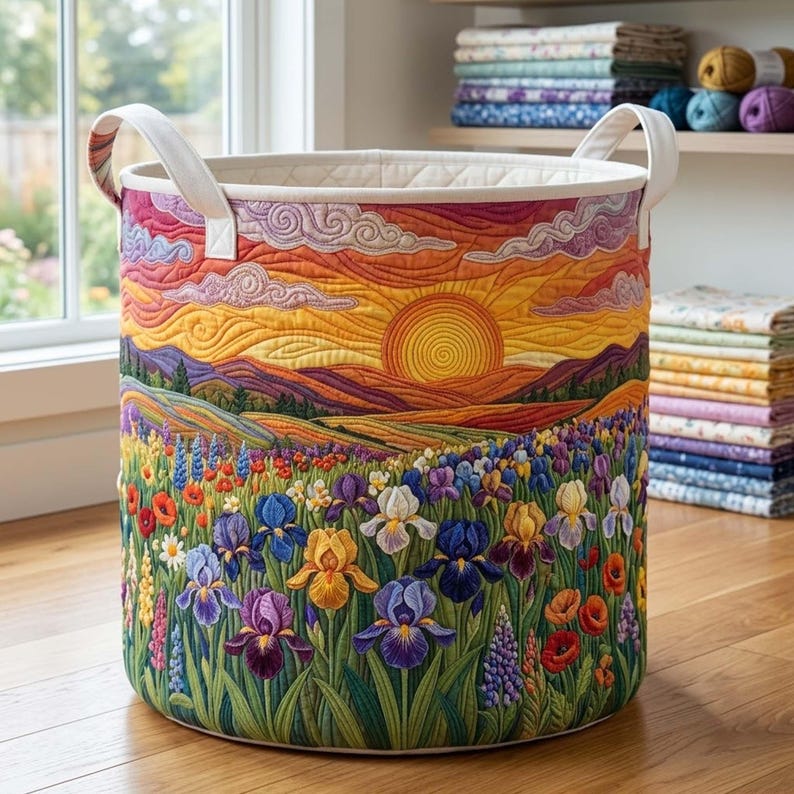 Wild Flower Field Quilted Laundry Basket, Colorful Botanical Hamper, Meadow Floral Storage Bin