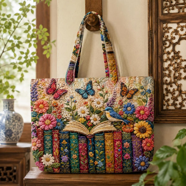 Personalized Book Lover Butterfly Quilted Tote Bag, Colorful Floral Library Tote Bag, Garden Reading Tote