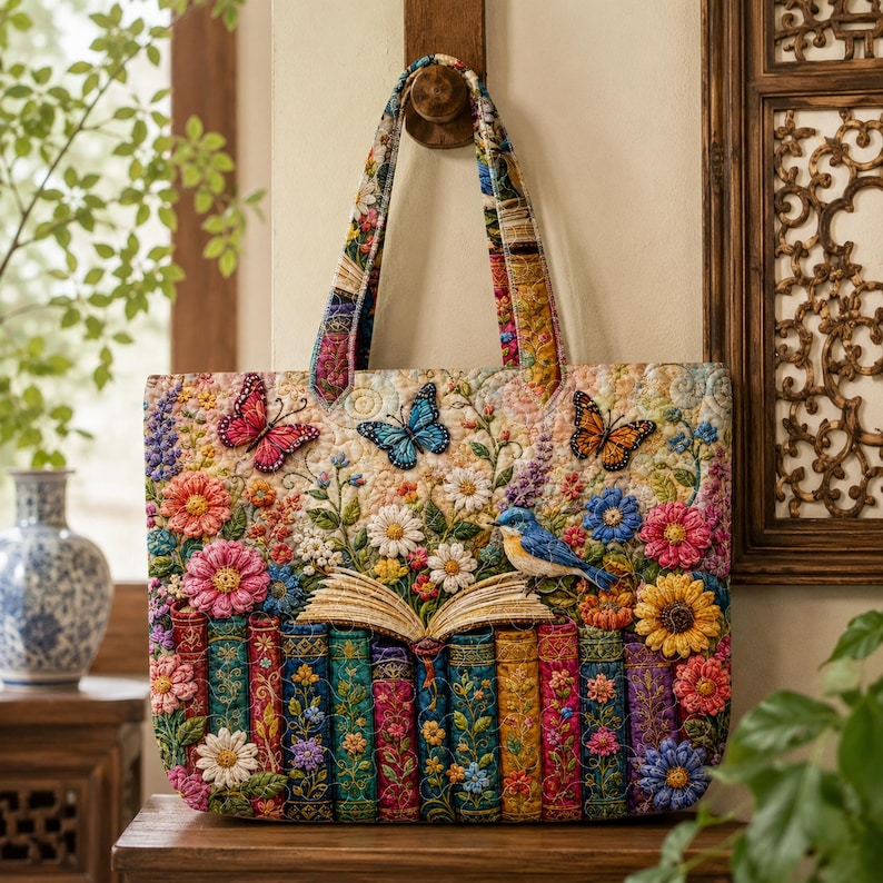 Personalized Book Lover Butterfly Quilted Tote Bag, Colorful Floral Library Tote Bag, Garden Reading Tote