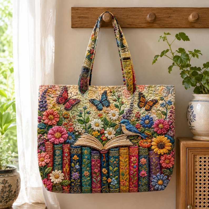 Personalized Book Lover Butterfly Quilted Tote Bag, Colorful Floral Library Tote Bag, Garden Reading Tote