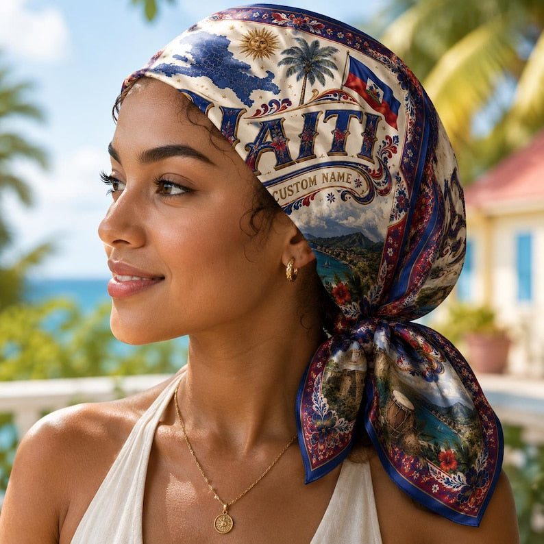 Custom Haiti Satin Bandana Scarf, Haiti Bandana, Soft Haitian Flag Pattern Scarf Headwear