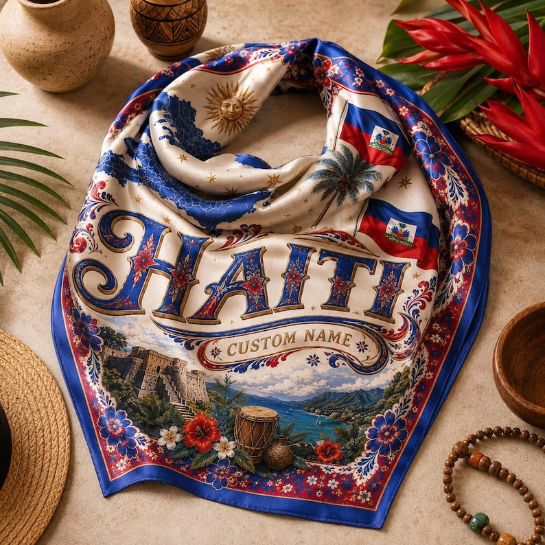 Custom Haiti Satin Bandana Scarf, Haiti Bandana, Soft Haitian Flag Pattern Scarf Headwear