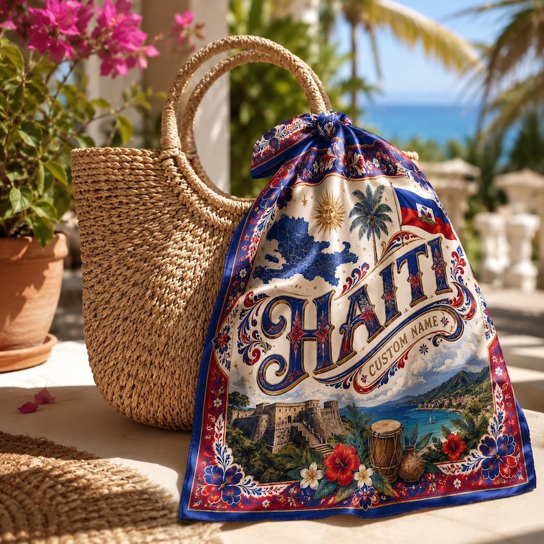 Custom Haiti Satin Bandana Scarf, Haiti Bandana, Soft Haitian Flag Pattern Scarf Headwear