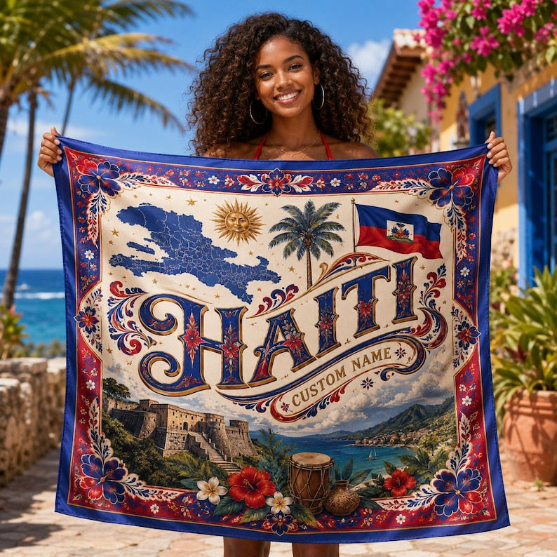 Custom Haiti Satin Bandana Scarf, Haiti Bandana, Soft Haitian Flag Pattern Scarf Headwear