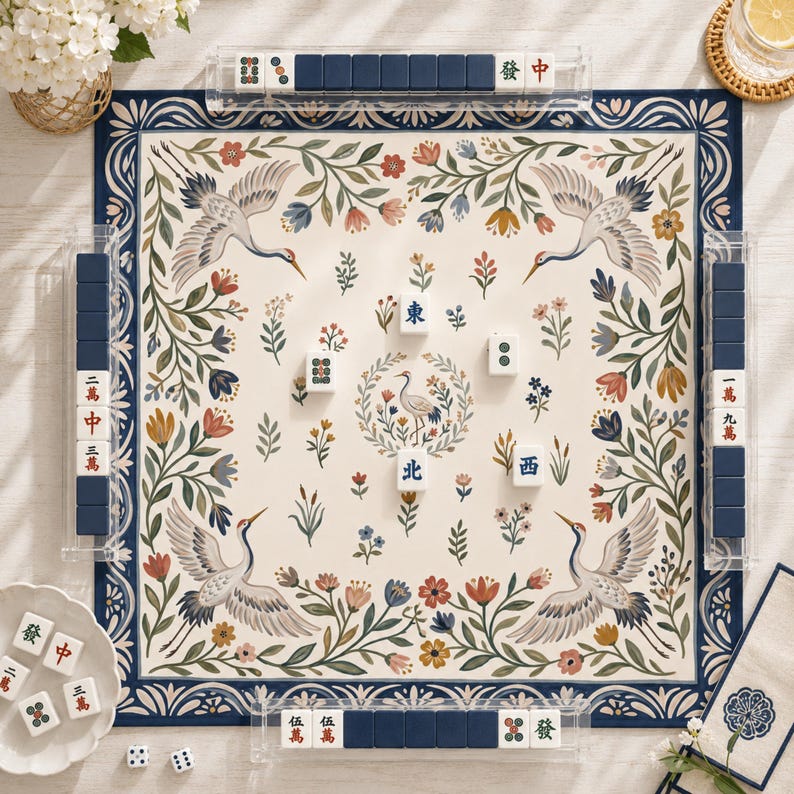 Crane Garden Mahjong Mat, Folk Art Floral Game Mat, Custom Monogram Mahjong Mat, Colorful Botanical
