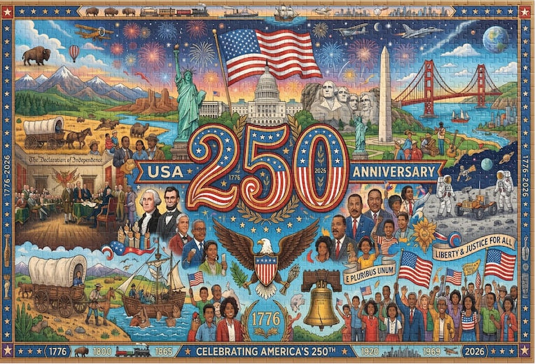 USA 250th Anniversary Jigsaw Puzzle, American History Patriotic Collage, 1776-2026 Semiquincentennial