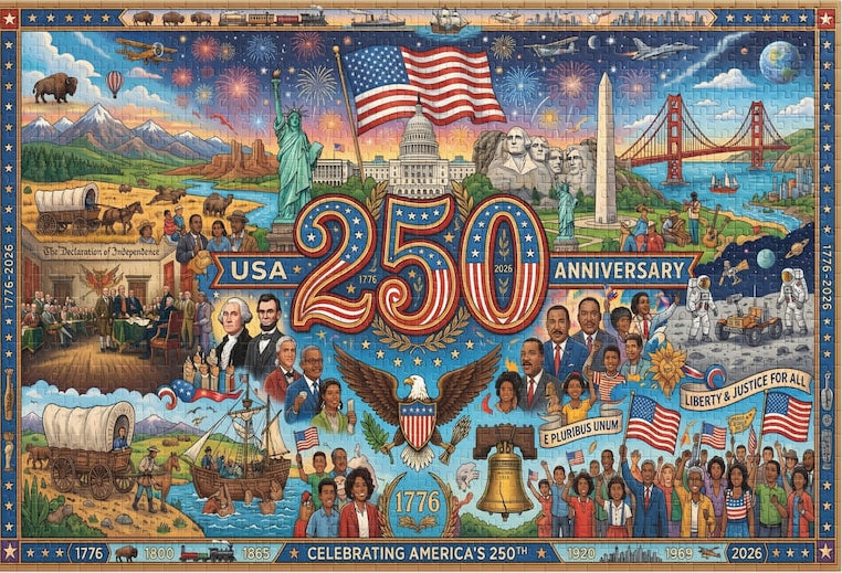 USA 250th Anniversary Jigsaw Puzzle, American History Patriotic Collage | 1776-2026