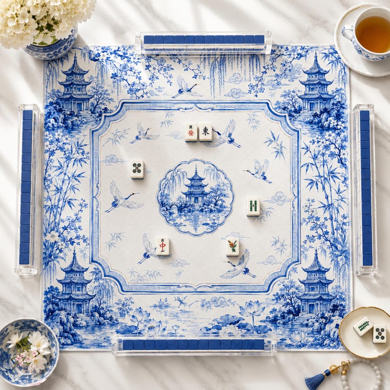 Blue Pagoda Garden Mahjong Mat, Chinoiserie Crane Lotus Game Mat, Custom Monogram Mahjong Mat